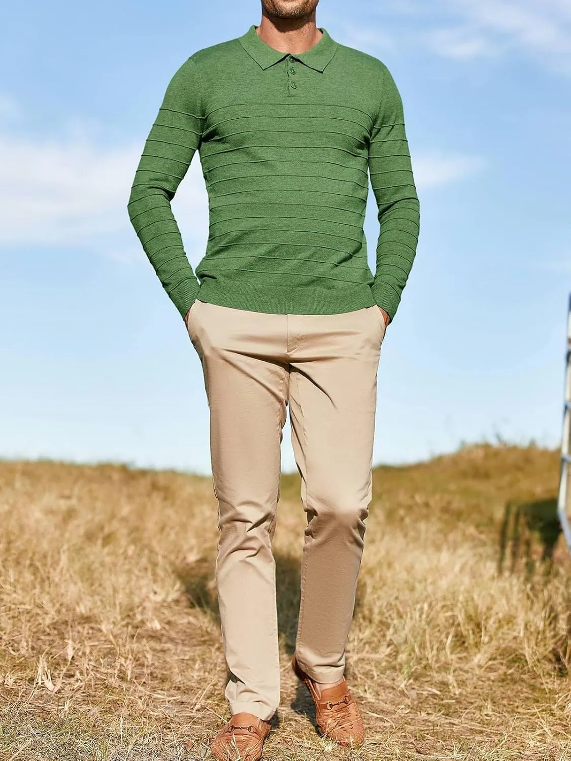 Makkrom Mens Polo Shirts Long Sleeve Striped Pullover Casual Slim Fit Solid Knit Sweater Classic Golf Shirt