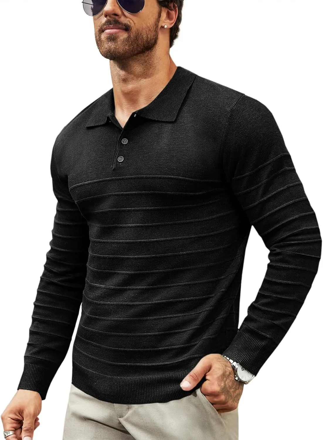 Makkrom Mens Polo Shirts Long Sleeve Striped Pullover Casual Slim Fit Solid Knit Sweater Classic Golf Shirt