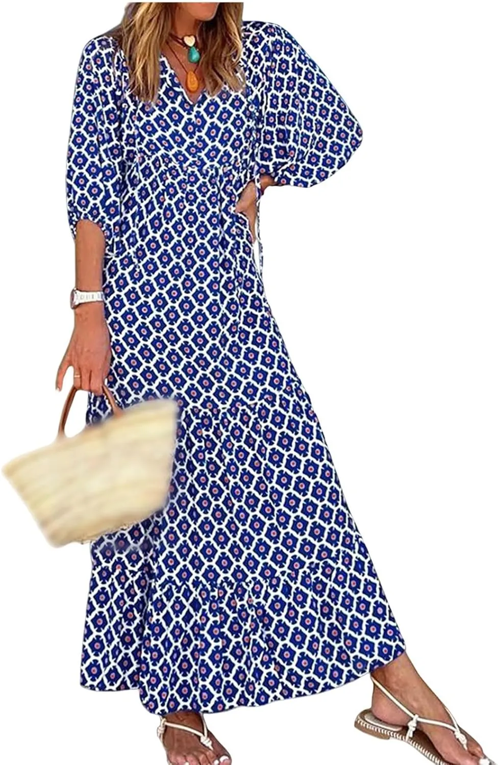 Maxi Dresses for Women Summer V Neck Puff Sleeve Floral Flowy Swing Long Dresses Casual Loose Fit Bohemian Beach Dress