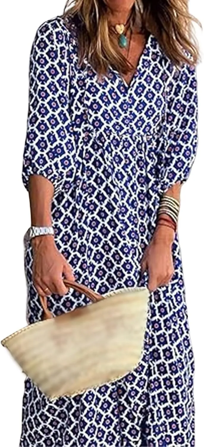 Maxi Dresses for Women Summer V Neck Puff Sleeve Floral Flowy Swing Long Dresses Casual Loose Fit Bohemian Beach Dress