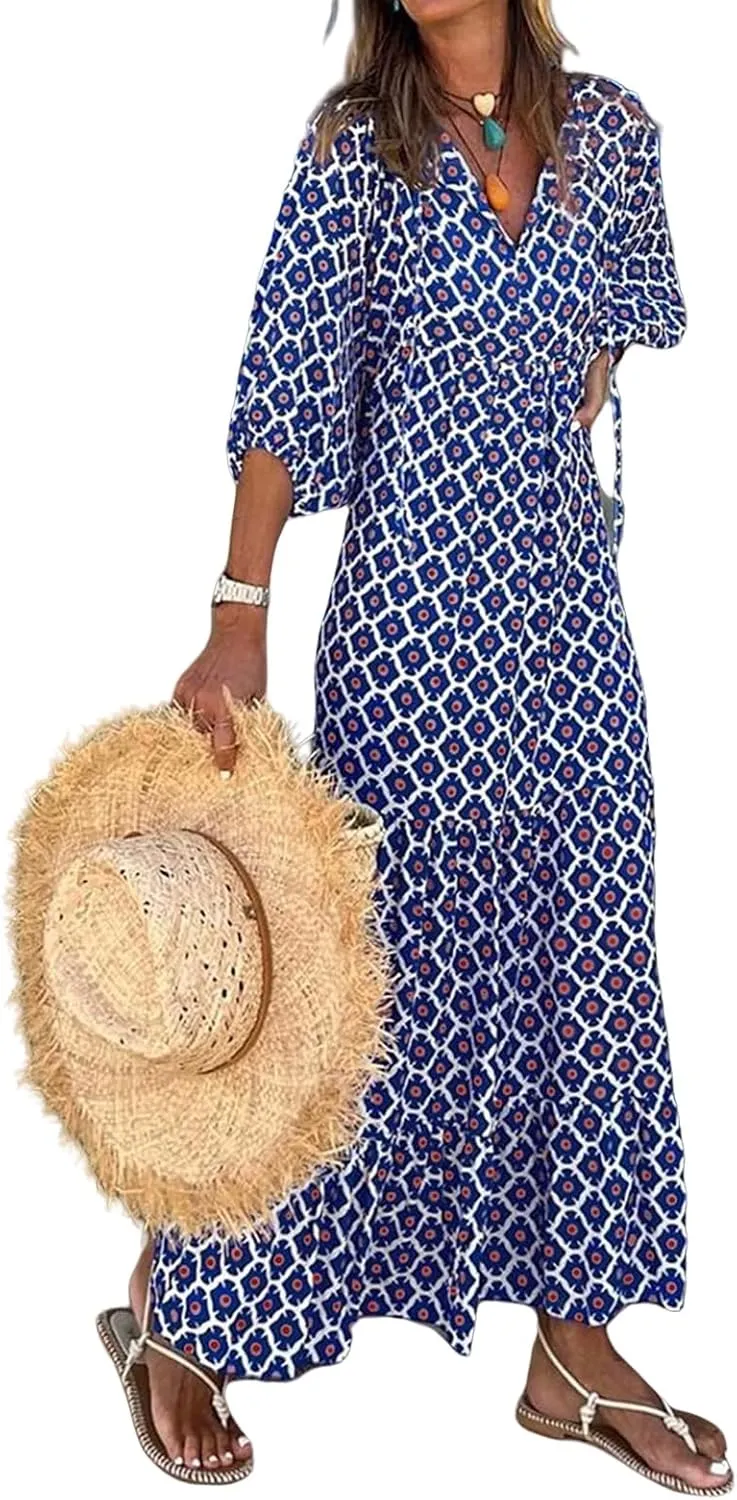 Maxi Dresses for Women Summer V Neck Puff Sleeve Floral Flowy Swing Long Dresses Casual Loose Fit Bohemian Beach Dress