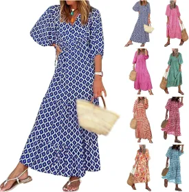 Maxi Dresses for Women Summer V Neck Puff Sleeve Floral Flowy Swing Long Dresses Casual Loose Fit Bohemian Beach Dress