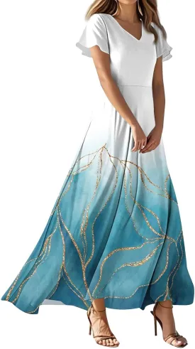 Maxi Dresses for Women,2025 Summer Elegant V Neck Short Sleeve Floral Beach Dress,Flowy Ruched Boho Vacation Dress