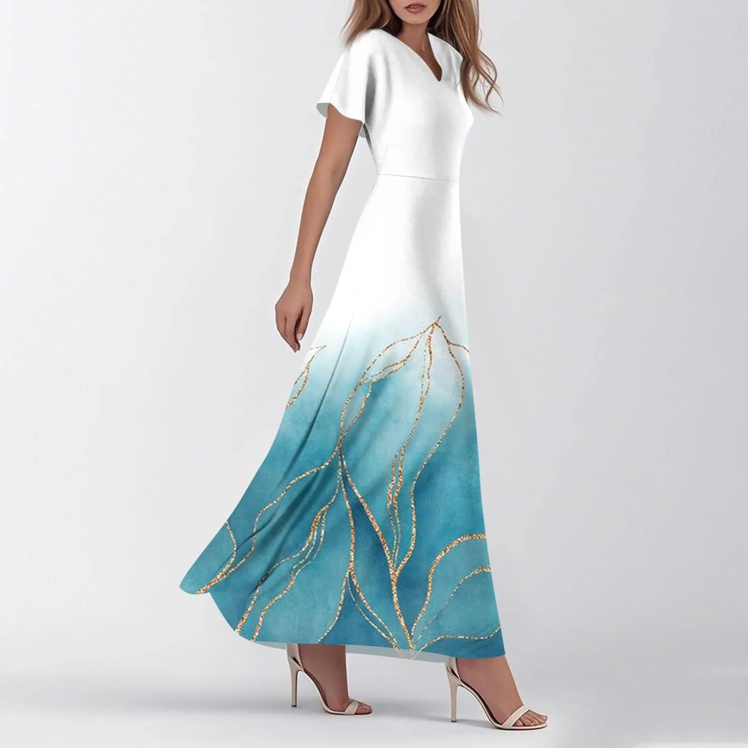 Maxi Dresses for Women,2025 Summer Elegant V Neck Short Sleeve Floral Beach Dress,Flowy Ruched Boho Vacation Dress