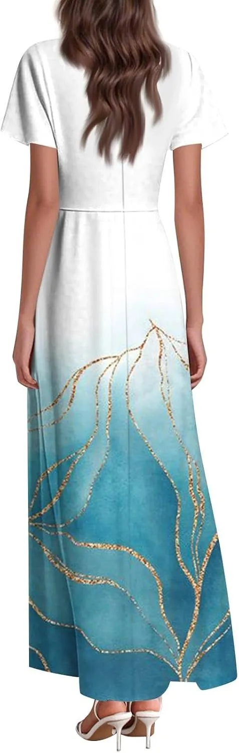 Maxi Dresses for Women,2025 Summer Elegant V Neck Short Sleeve Floral Beach Dress,Flowy Ruched Boho Vacation Dress