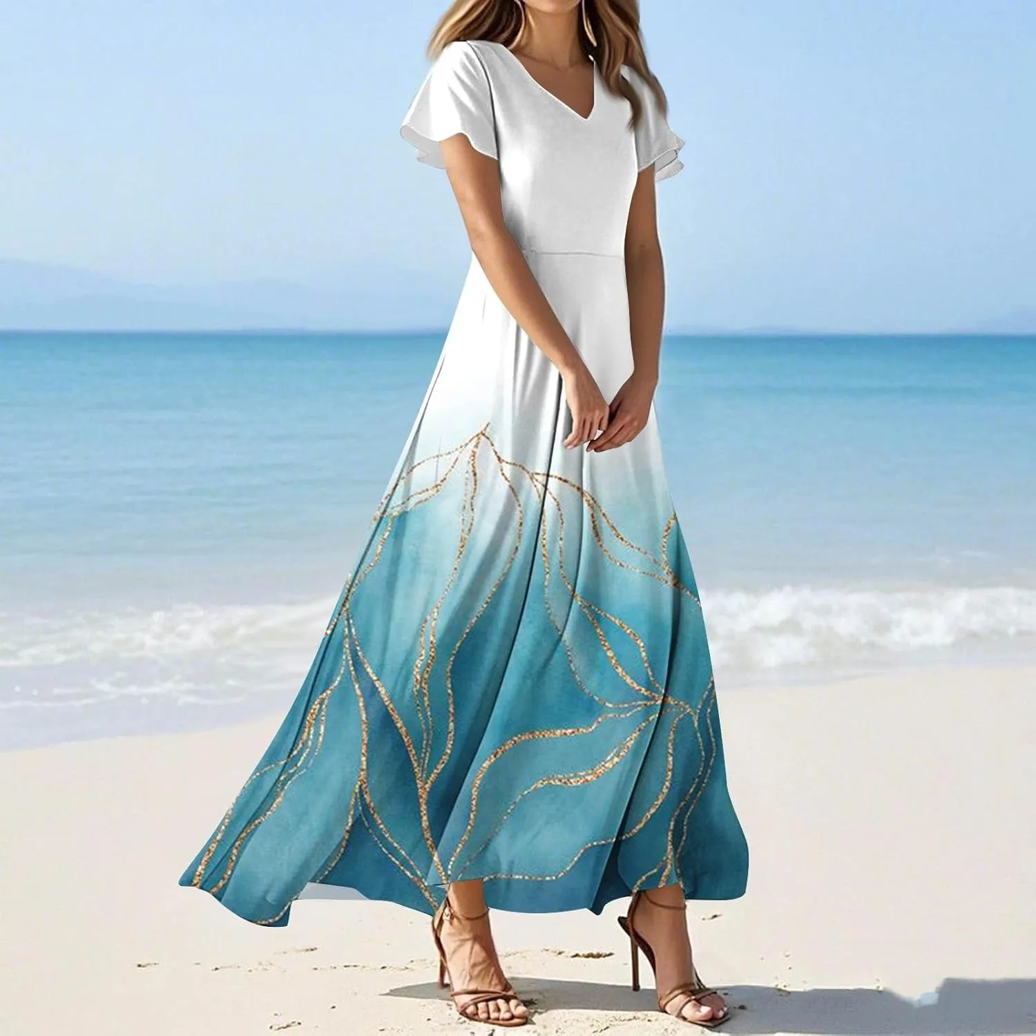 Maxi Dresses for Women,2025 Summer Elegant V Neck Short Sleeve Floral Beach Dress,Flowy Ruched Boho Vacation Dress
