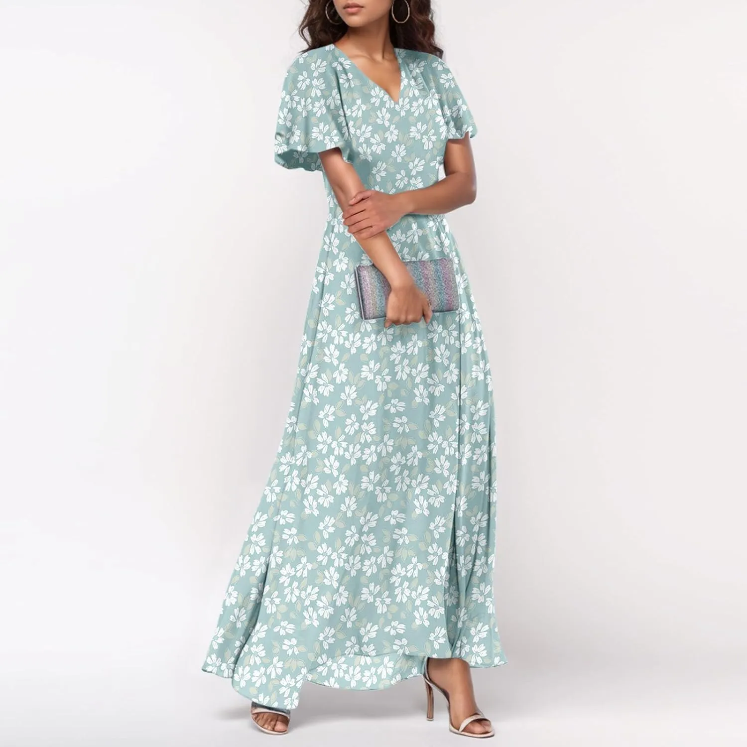 Maxi Dresses for Women,2025 Summer Trendy Floral Boho Dress,Casual V Neck Short Sleeve Chiffon Flowy Beach Dress