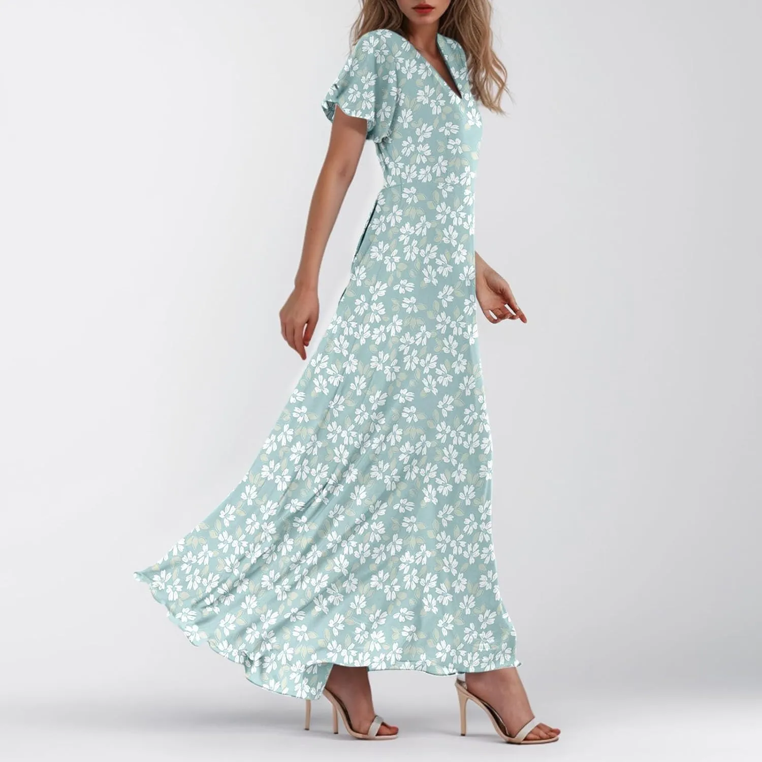 Maxi Dresses for Women,2025 Summer Trendy Floral Boho Dress,Casual V Neck Short Sleeve Chiffon Flowy Beach Dress