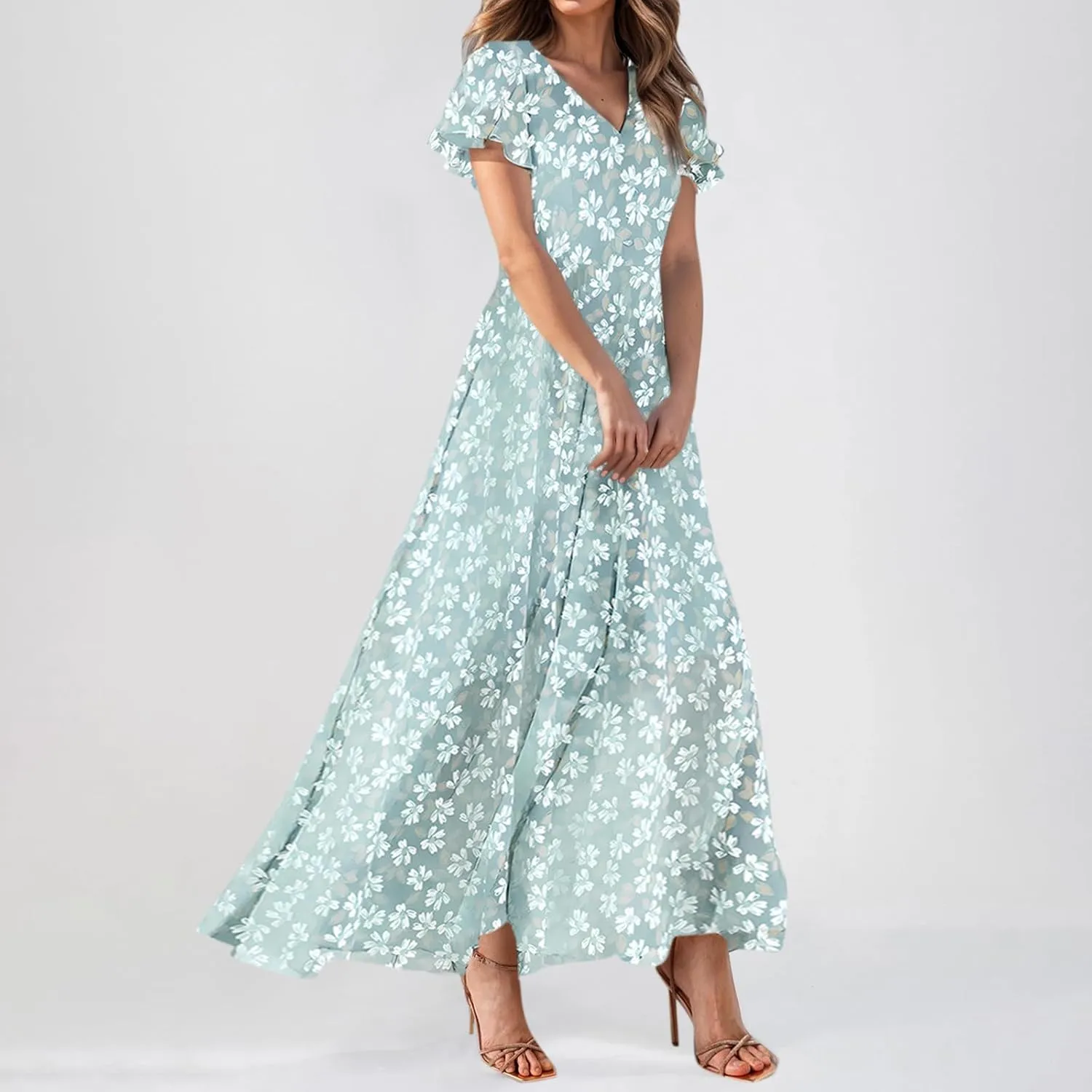 Maxi Dresses for Women,2025 Summer Trendy Floral Boho Dress,Casual V Neck Short Sleeve Chiffon Flowy Beach Dress