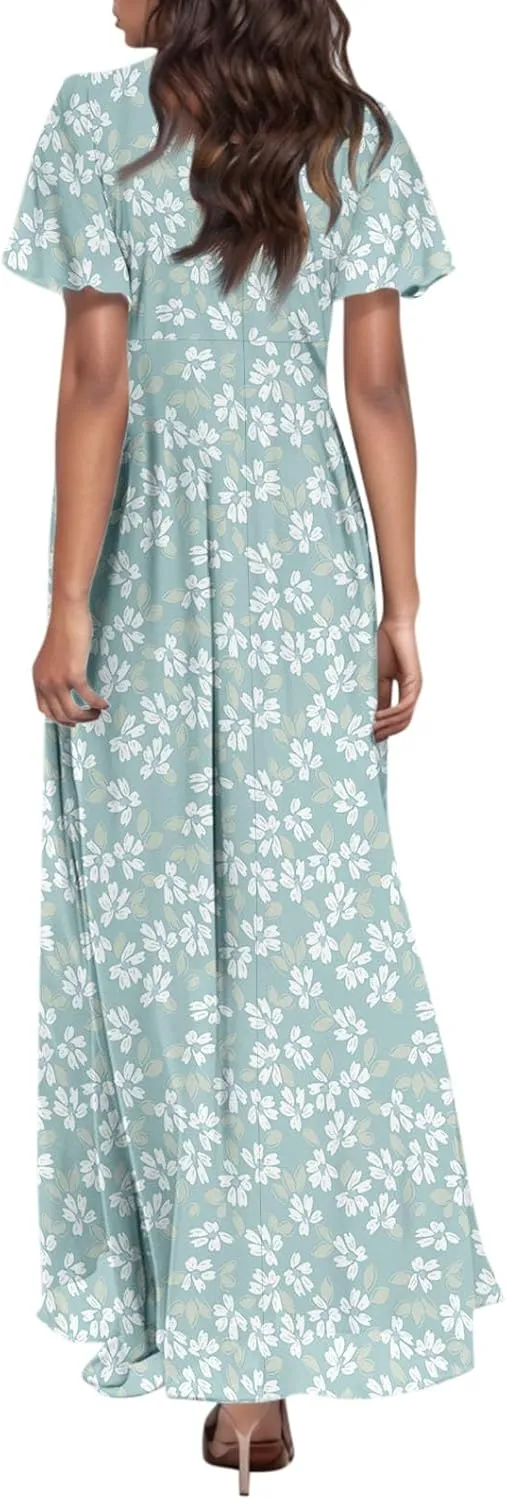 Maxi Dresses for Women,2025 Summer Trendy Floral Boho Dress,Casual V Neck Short Sleeve Chiffon Flowy Beach Dress
