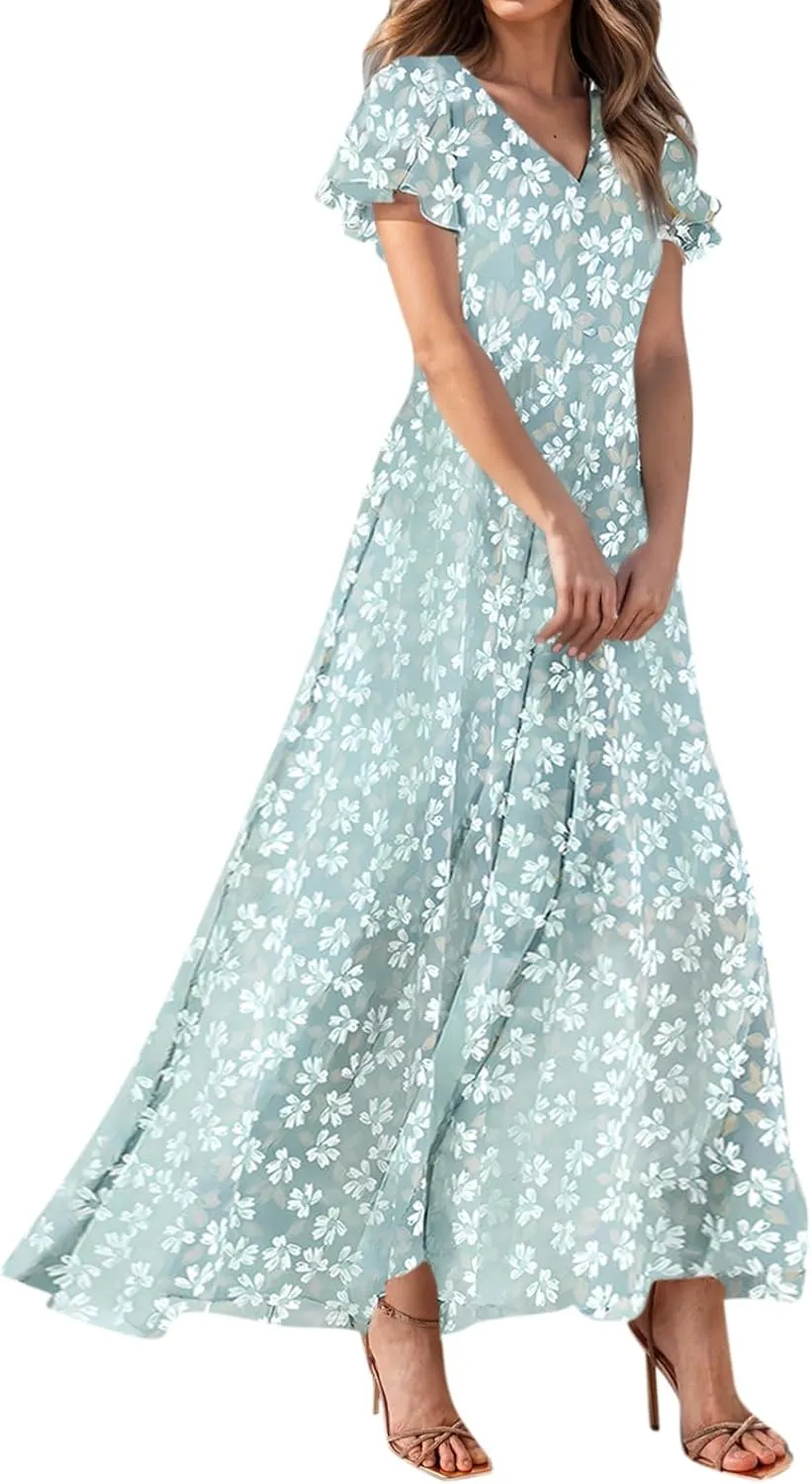 Maxi Dresses for Women,2025 Summer Trendy Floral Boho Dress,Casual V Neck Short Sleeve Chiffon Flowy Beach Dress