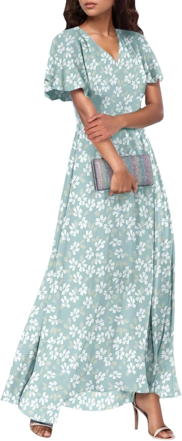 Maxi Dresses for Women,2025 Summer Trendy Floral Boho Dress,Casual V Neck Short Sleeve Chiffon Flowy Beach Dress