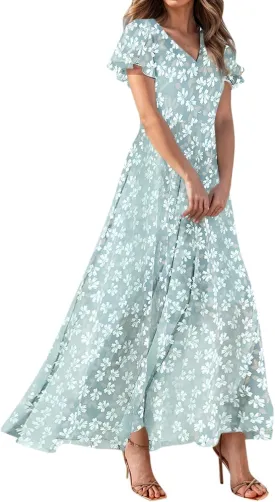 Maxi Dresses for Women,2025 Summer Trendy Floral Boho Dress,Casual V Neck Short Sleeve Chiffon Flowy Beach Dress