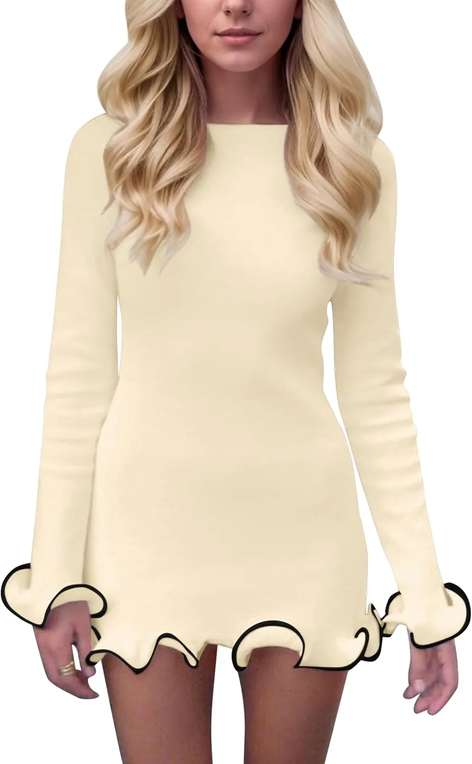 Meladyan Women's Boat Neck Long Sleeve Sweater Dress Knitted Ruffle Hem Mini Dress Cute Frill Tirm Bodycon Short Dress