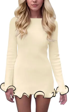 Meladyan Women's Boat Neck Long Sleeve Sweater Dress Knitted Ruffle Hem Mini Dress Cute Frill Tirm Bodycon Short Dress