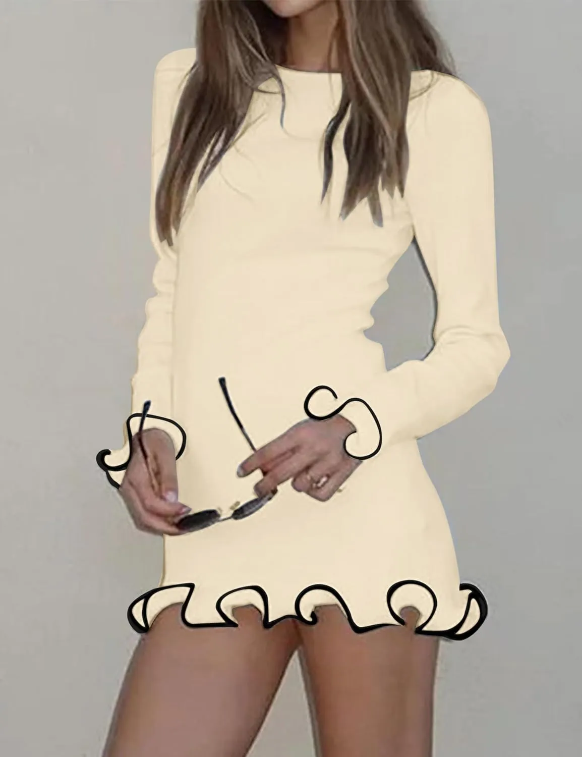 Meladyan Women's Boat Neck Long Sleeve Sweater Dress Knitted Ruffle Hem Mini Dress Cute Frill Tirm Bodycon Short Dress