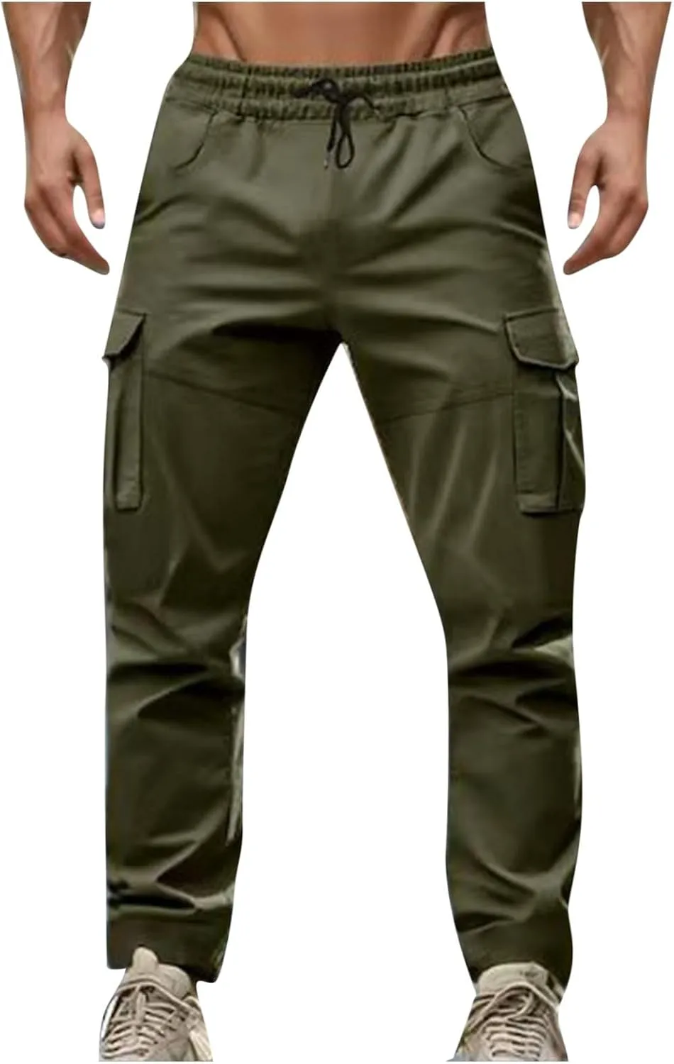 Men's Cargo Pant Elastic Drawstring Waist Straight Leg Pants with Pockets Casual Water Resistant Tapered Trousers