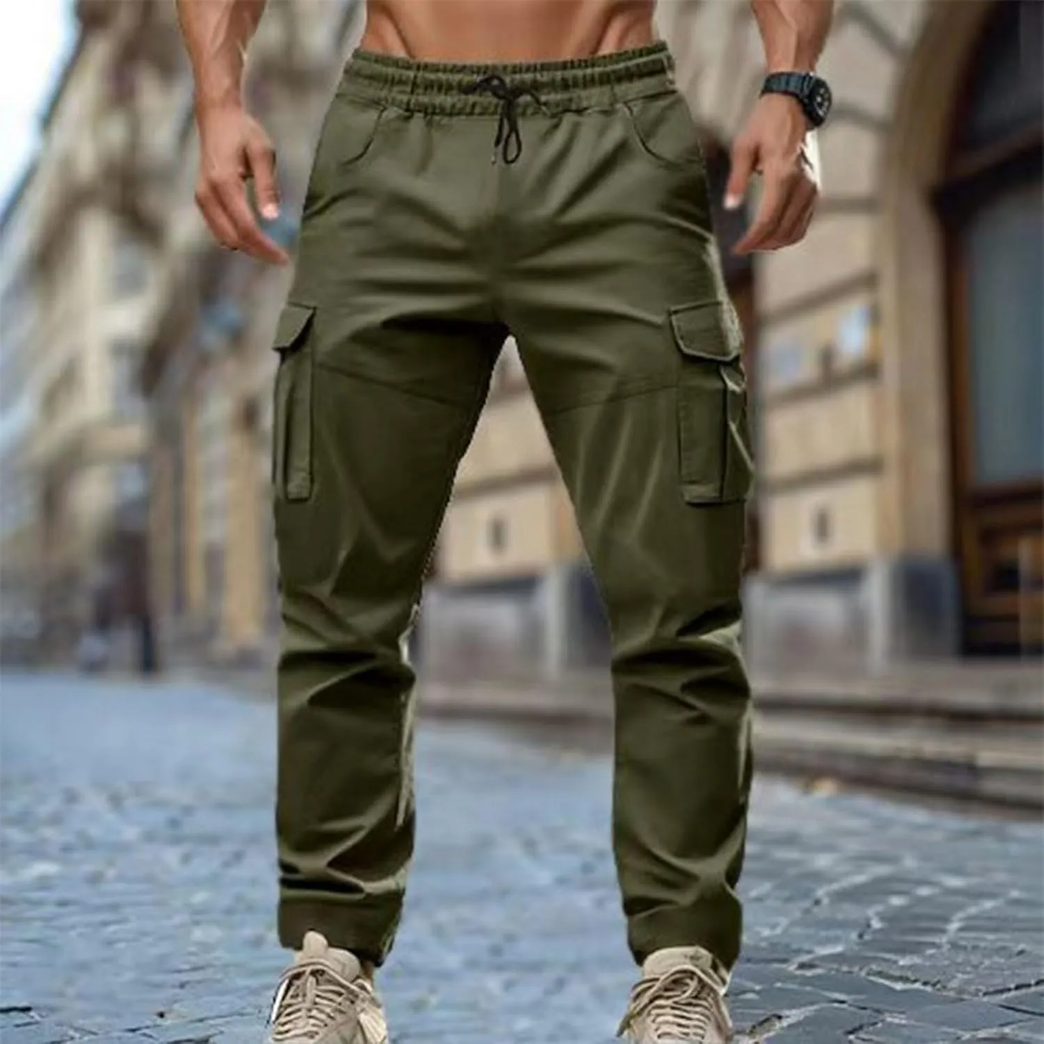 Men's Cargo Pant Elastic Drawstring Waist Straight Leg Pants with Pockets Casual Water Resistant Tapered Trousers