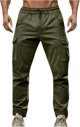 Men's Cargo Pant Elastic Drawstring Waist Straight Leg Pants with Pockets Casual Water Resistant Tapered Trousers