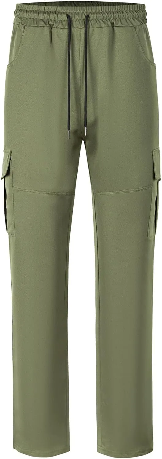 Men's Cargo Pant Elastic Drawstring Waist Straight Leg Pants with Pockets Casual Water Resistant Tapered Trousers