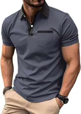 Mens Casual Polo Shirts Classic Short Sleeve Golf Shirt Fashion Button Cotton Top with Pocket