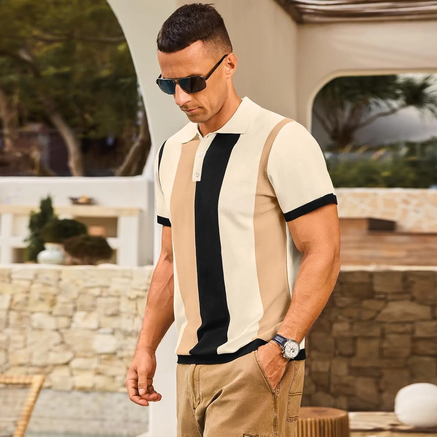 Men's Casual Polo Shirts Vintage Striped Knitting Button Down Shirts Golf Collared Shirts