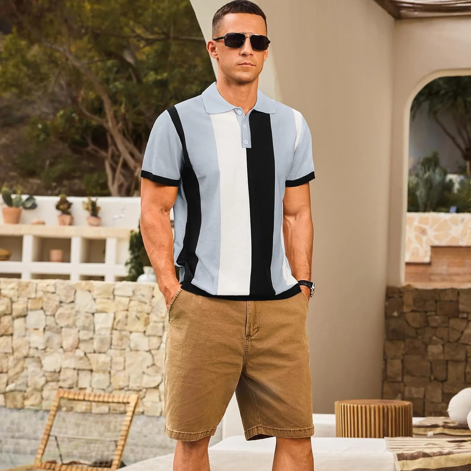 Men's Casual Polo Shirts Vintage Striped Knitting Button Down Shirts Golf Collared Shirts