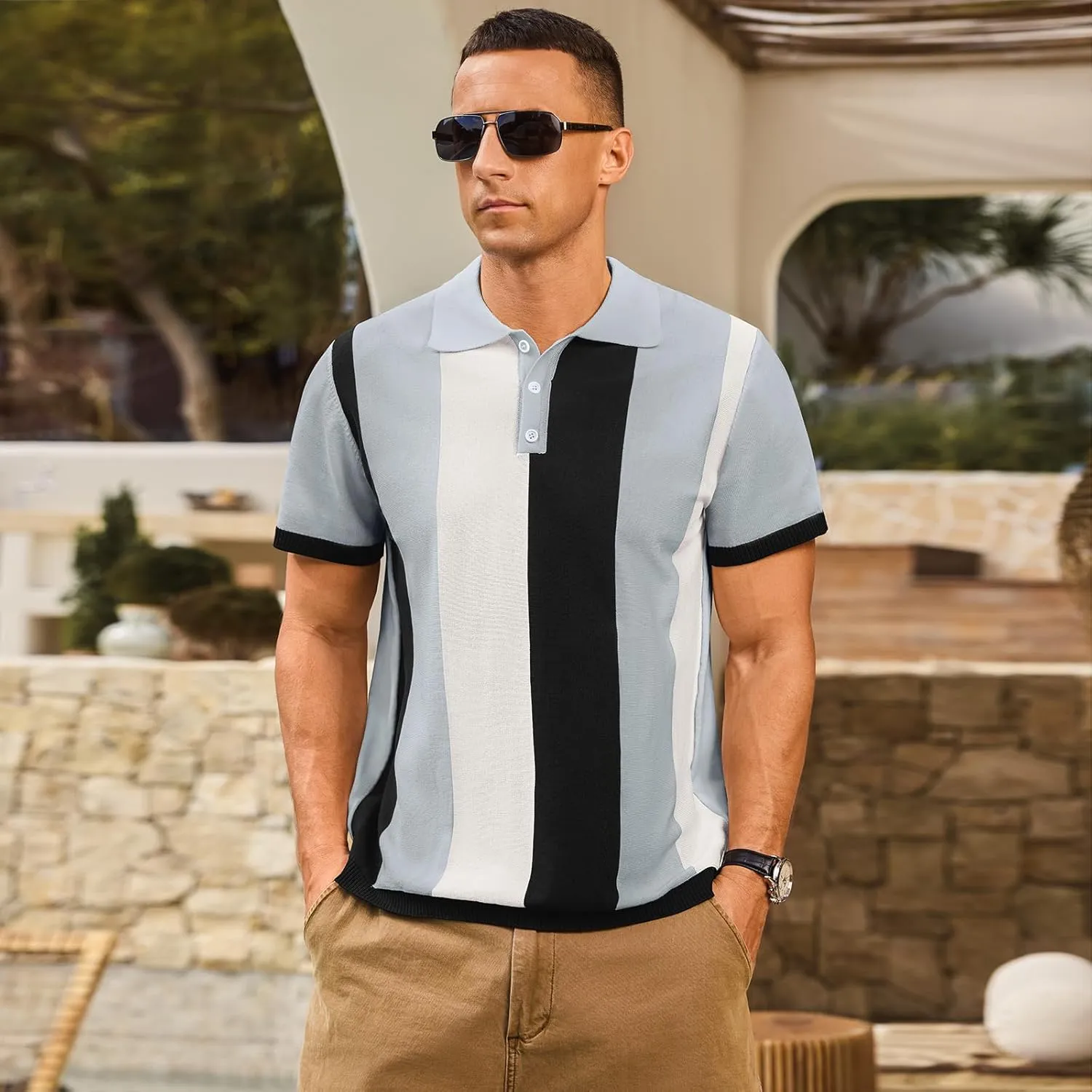 Men's Casual Polo Shirts Vintage Striped Knitting Button Down Shirts Golf Collared Shirts