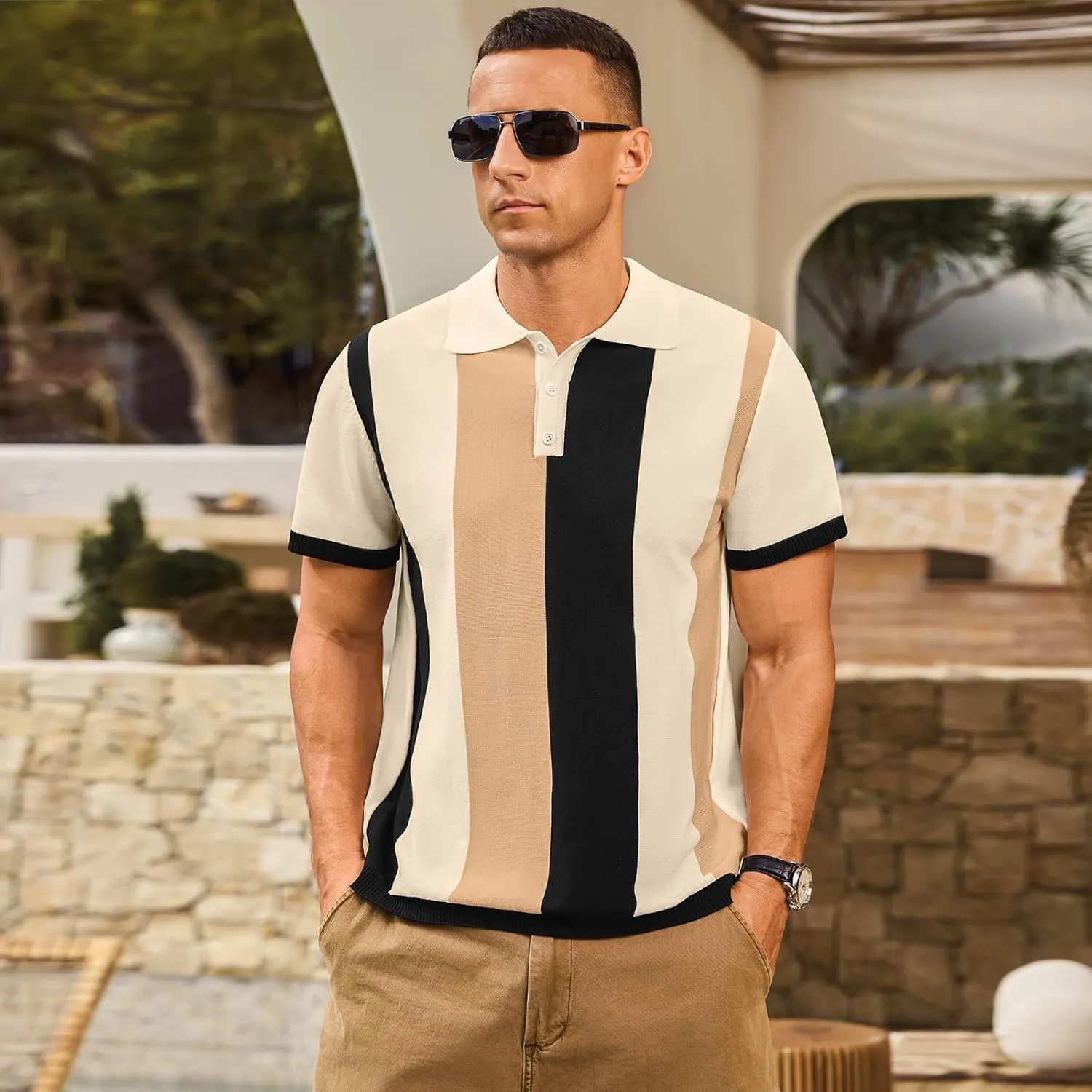Men's Casual Polo Shirts Vintage Striped Knitting Button Down Shirts Golf Collared Shirts