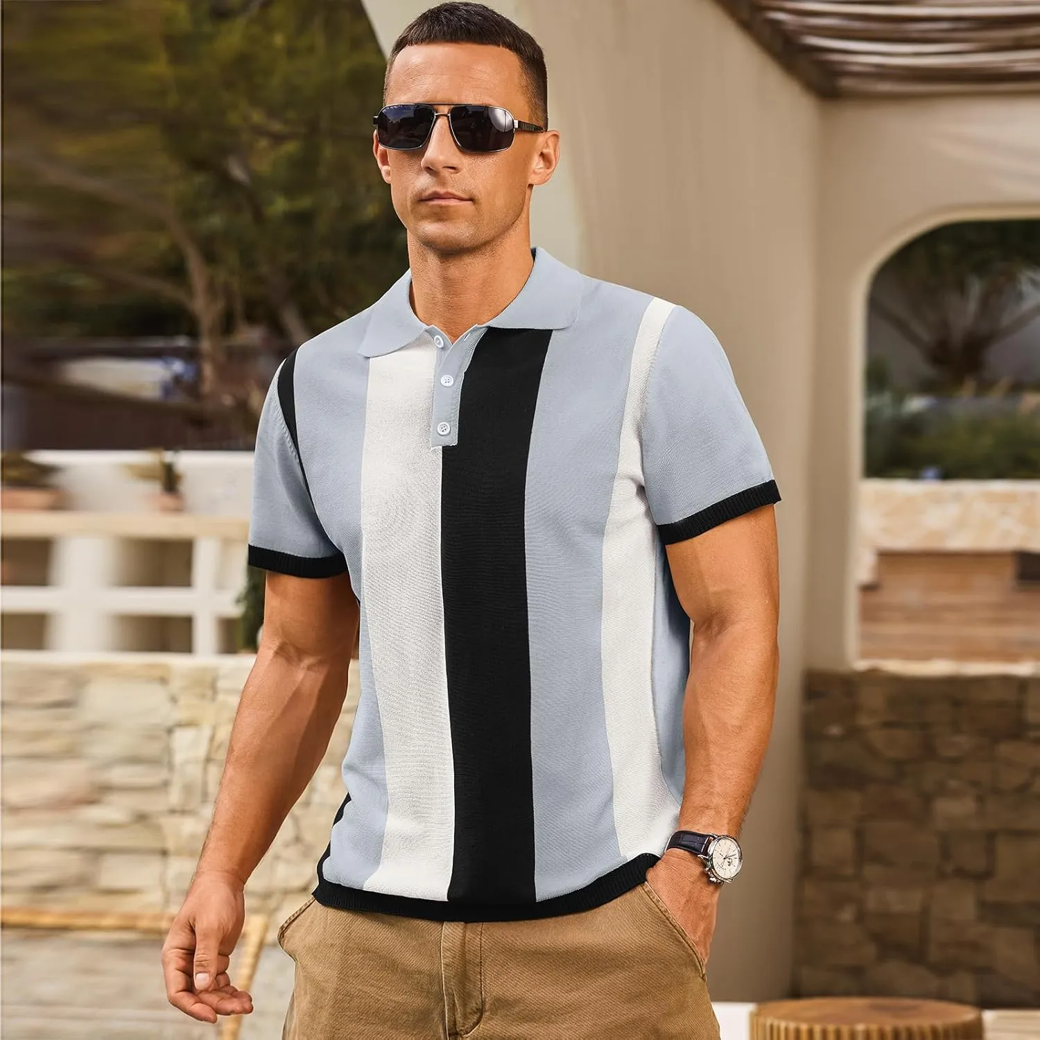 Men's Casual Polo Shirts Vintage Striped Knitting Button Down Shirts Golf Collared Shirts