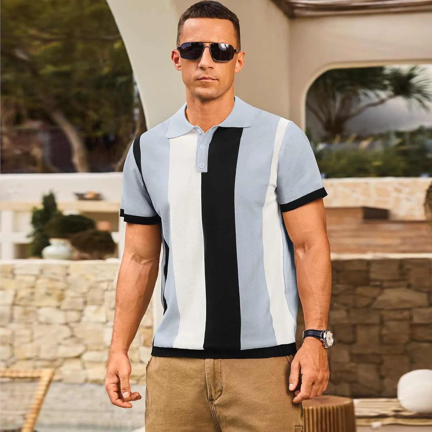 Men's Casual Polo Shirts Vintage Striped Knitting Button Down Shirts Golf Collared Shirts