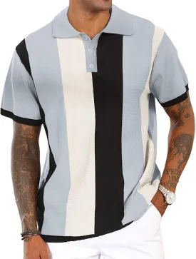 Men's Casual Polo Shirts Vintage Striped Knitting Button Down Shirts Golf Collared Shirts