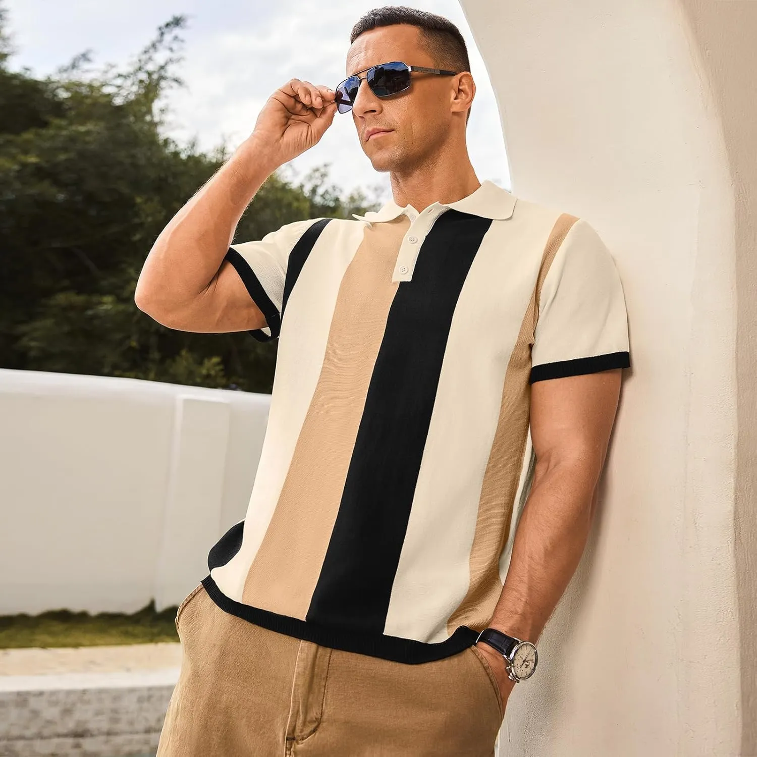 Men's Casual Polo Shirts Vintage Striped Knitting Button Down Shirts Golf Collared Shirts