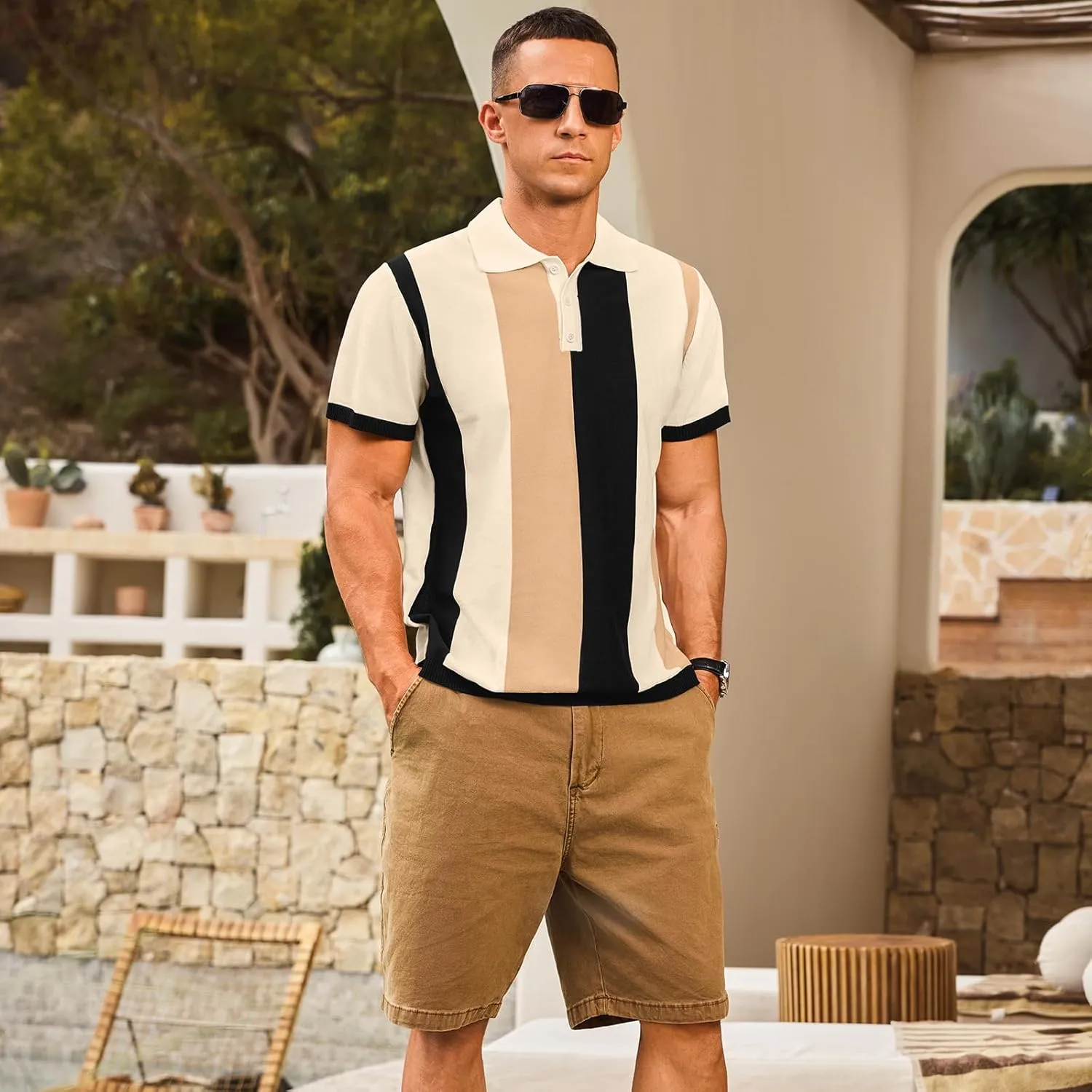 Men's Casual Polo Shirts Vintage Striped Knitting Button Down Shirts Golf Collared Shirts