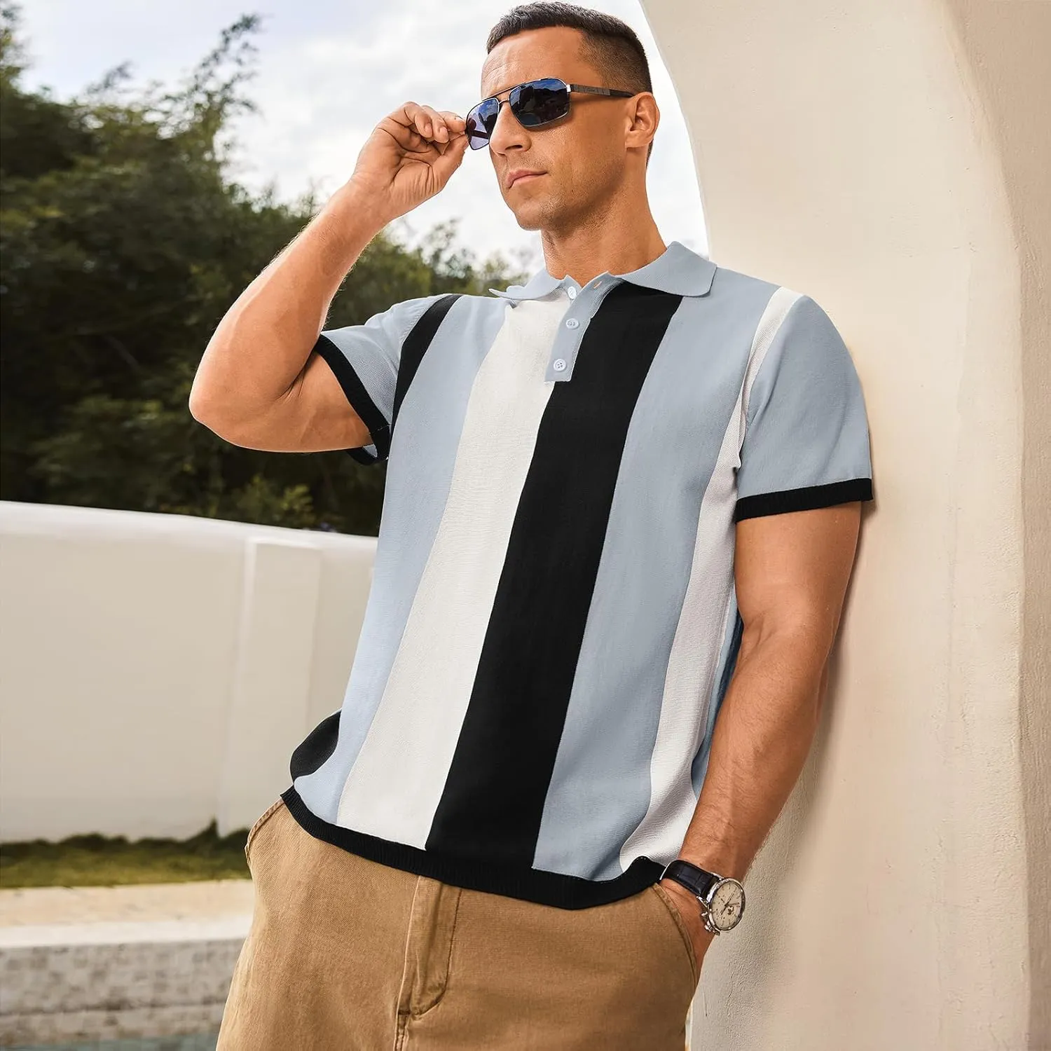 Men's Casual Polo Shirts Vintage Striped Knitting Button Down Shirts Golf Collared Shirts