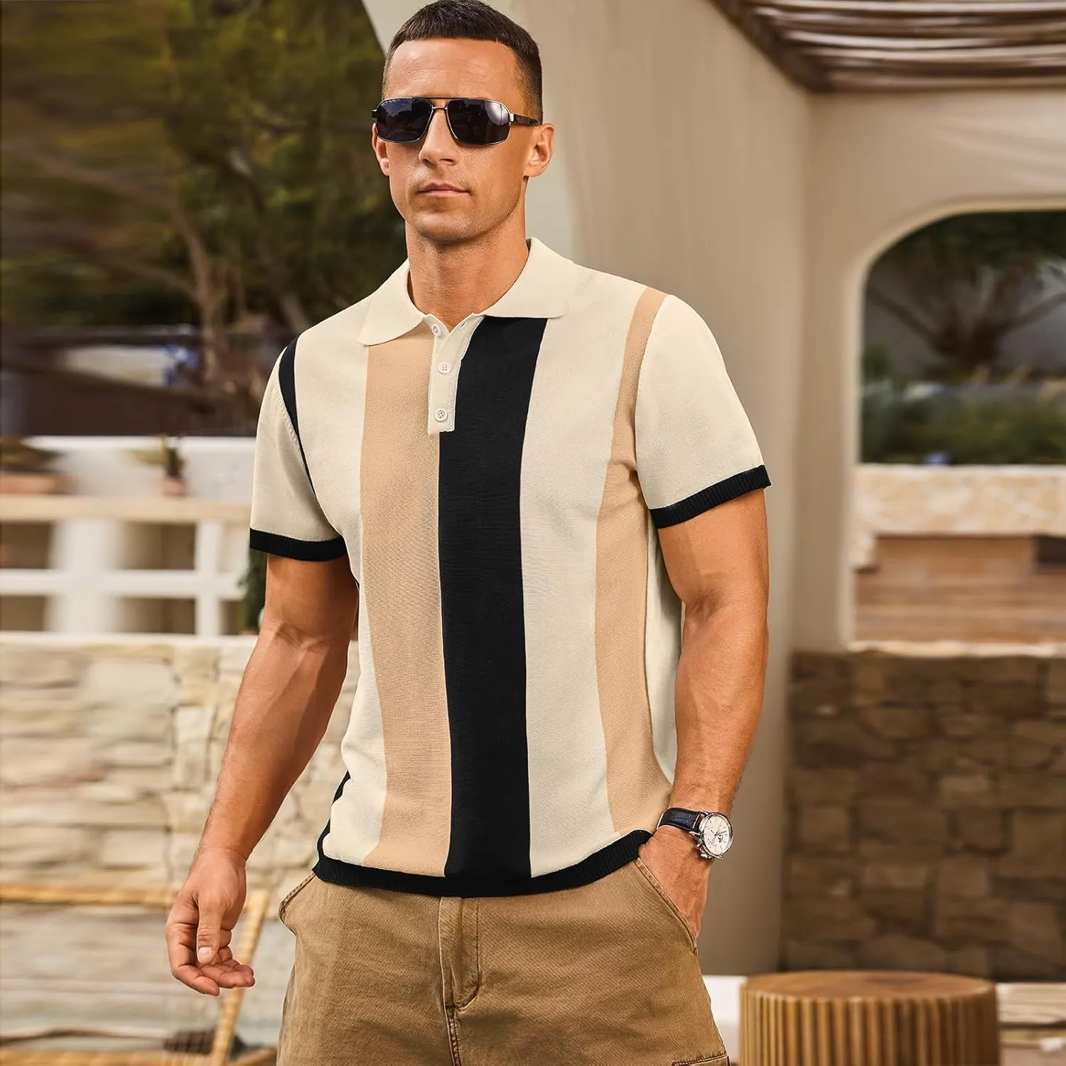 Men's Casual Polo Shirts Vintage Striped Knitting Button Down Shirts Golf Collared Shirts