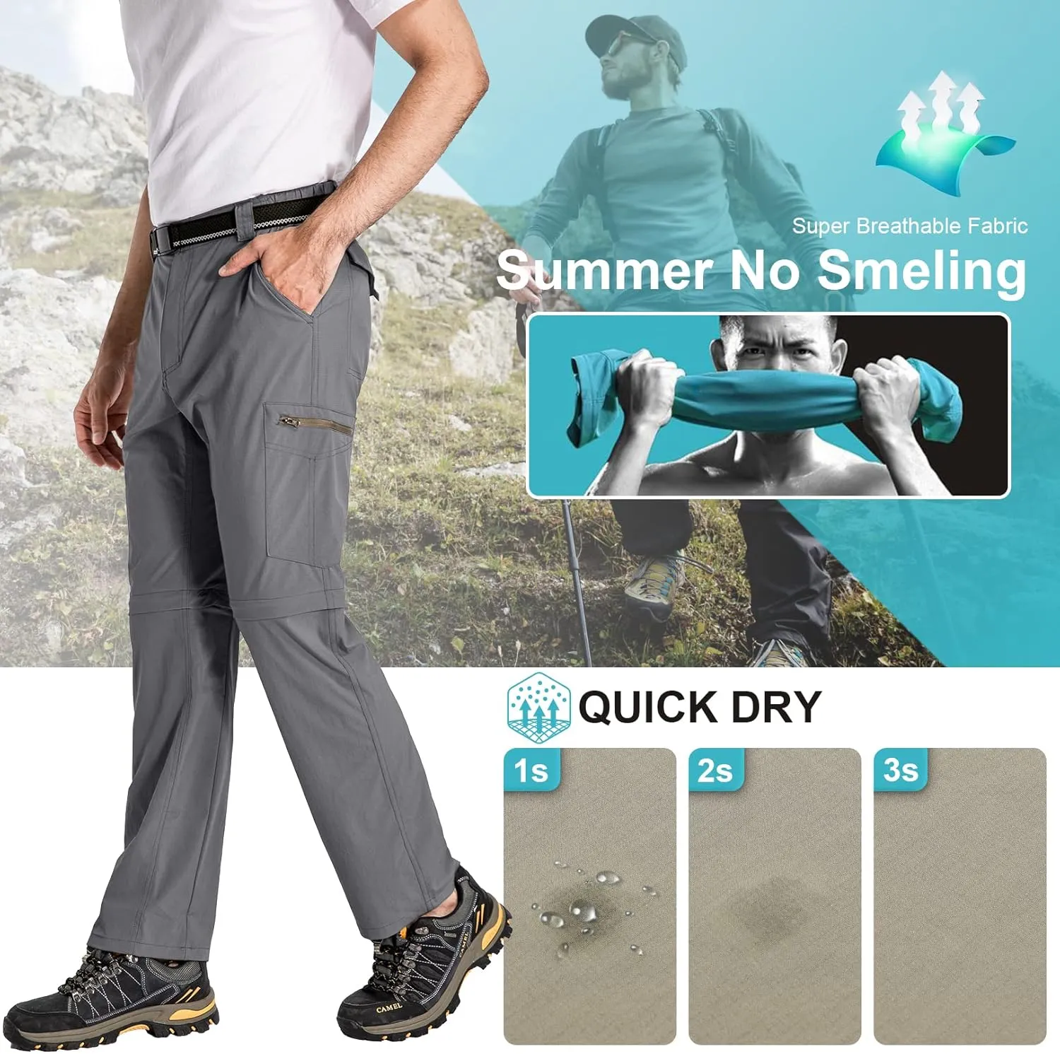 Mens Hiking Pants Convertible Lightweight Quick Dry Zip Off Fishing Safari Camping Travel boy Scout Pants