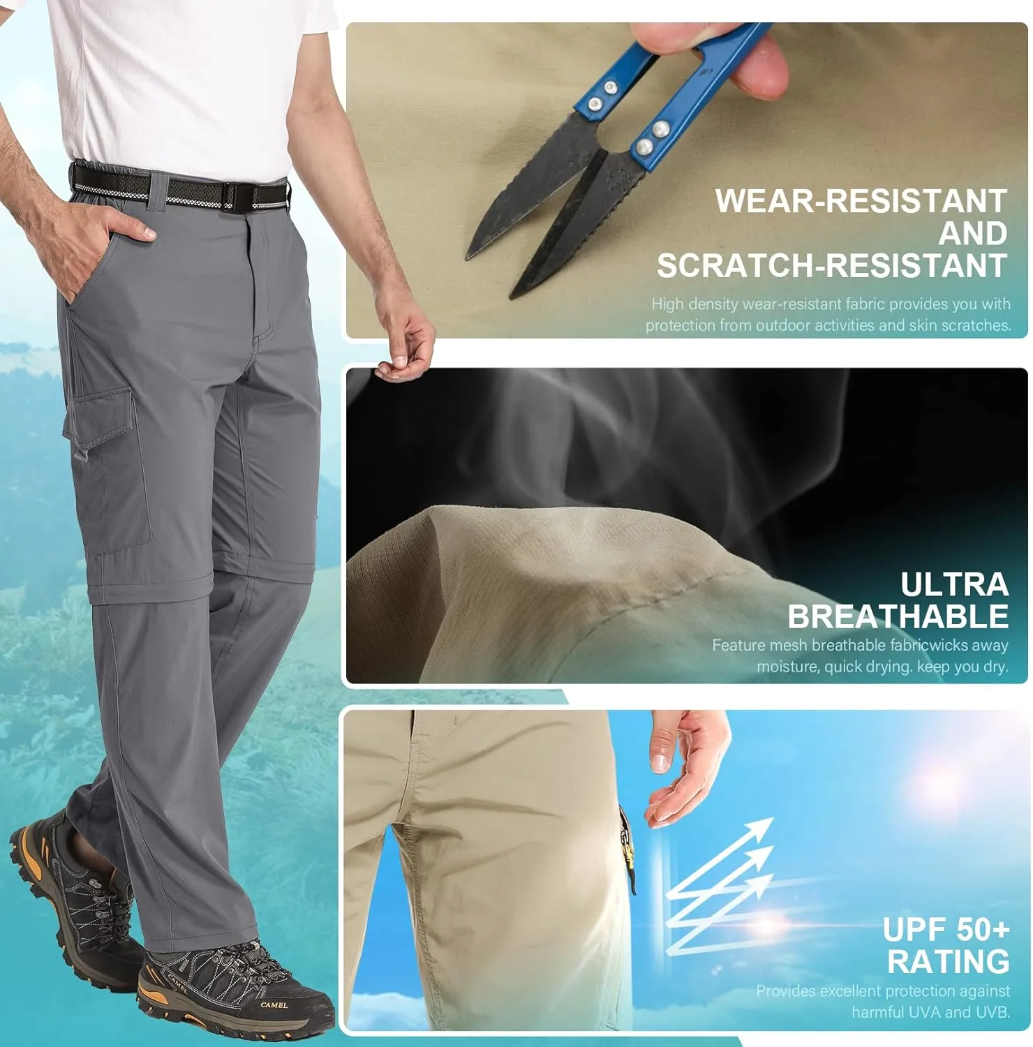 Mens Hiking Pants Convertible Lightweight Quick Dry Zip Off Fishing Safari Camping Travel boy Scout Pants