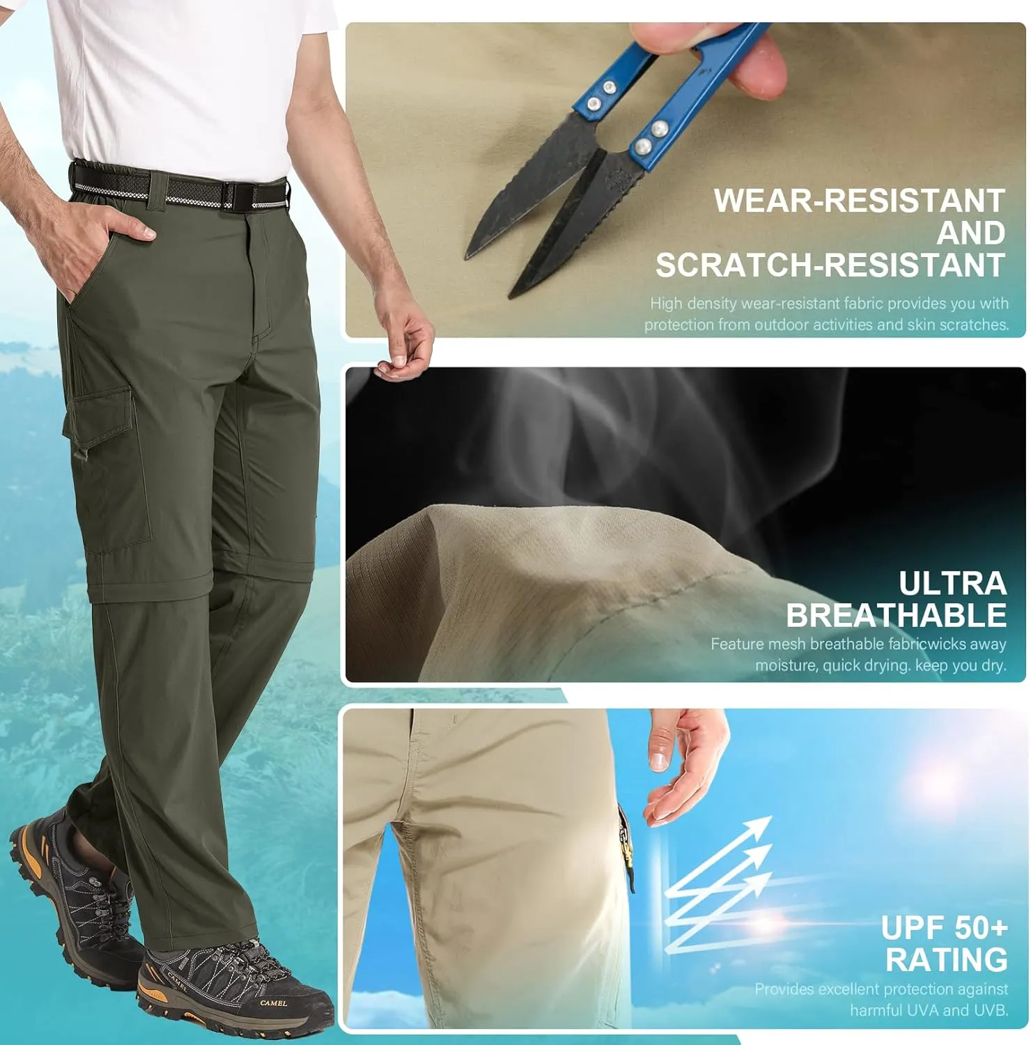 Mens Hiking Pants Convertible Lightweight Quick Dry Zip Off Fishing Safari Camping Travel boy Scout Pants