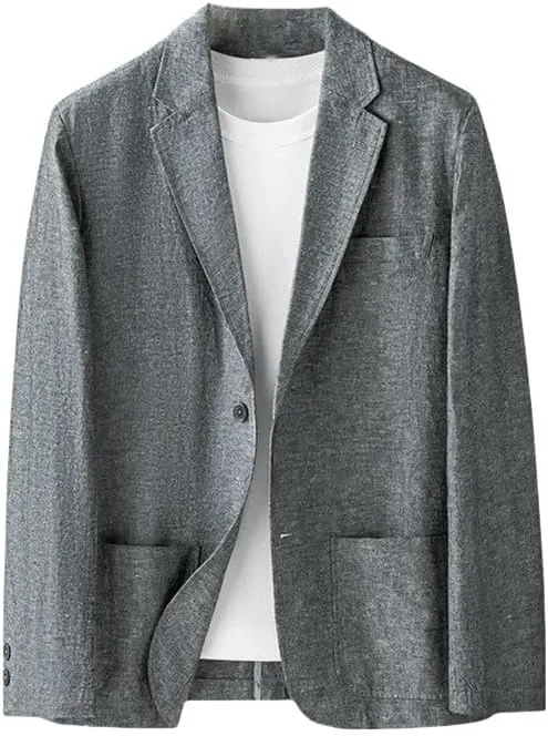 Men's Spring Summer Casual Straight Fit Lightweight Business Casual Cotton Linen Blazer Jacket