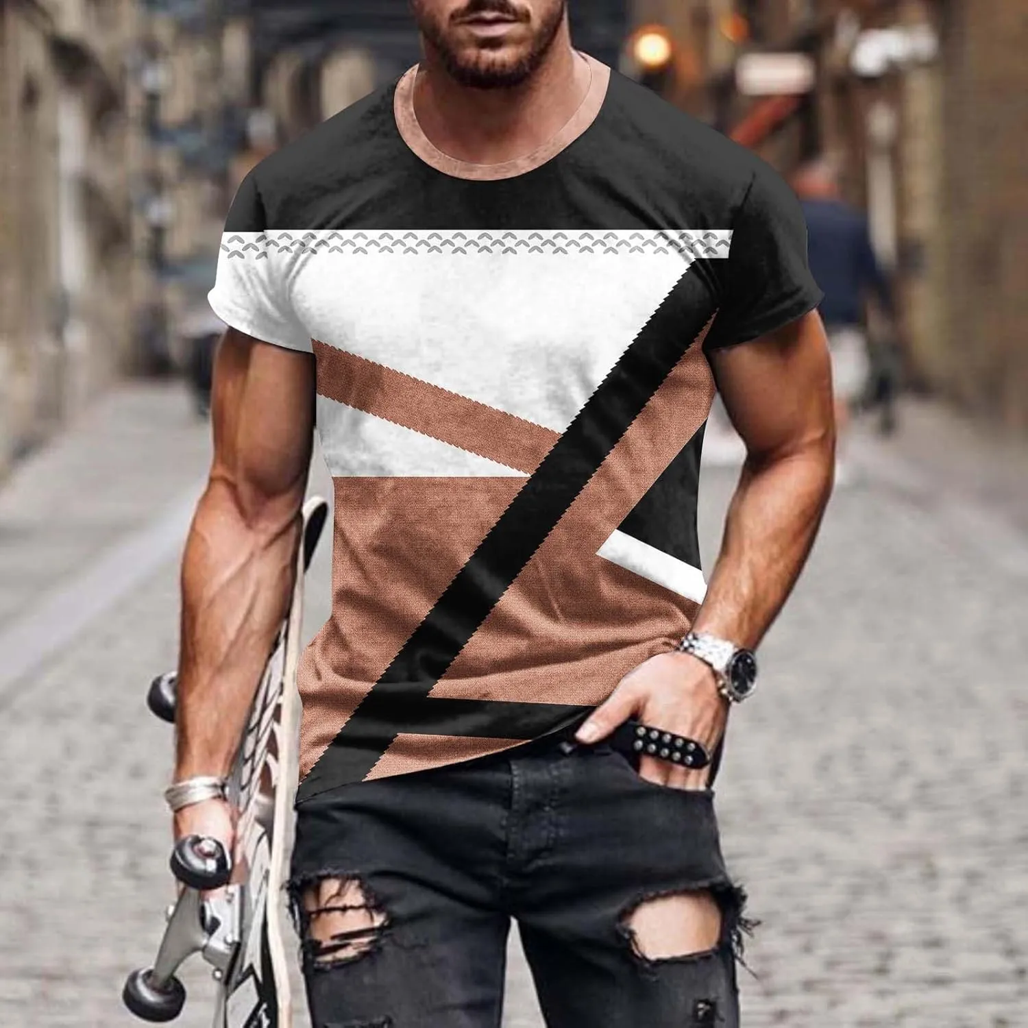 Mens T-Shirt Casual Geometric Patterns Short Sleeve T Shirts Trendy Pullover Crewneck Plus Size Blouse Loose Fit Tee Tops