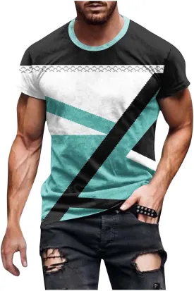 Mens T-Shirt Casual Geometric Patterns Short Sleeve T Shirts Trendy Pullover Crewneck Plus Size Blouse Loose Fit Tee Tops