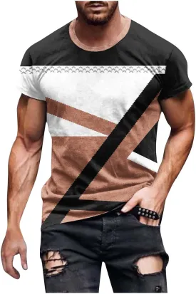 Mens T-Shirt Casual Geometric Patterns Short Sleeve T Shirts Trendy Pullover Crewneck Plus Size Blouse Loose Fit Tee Tops