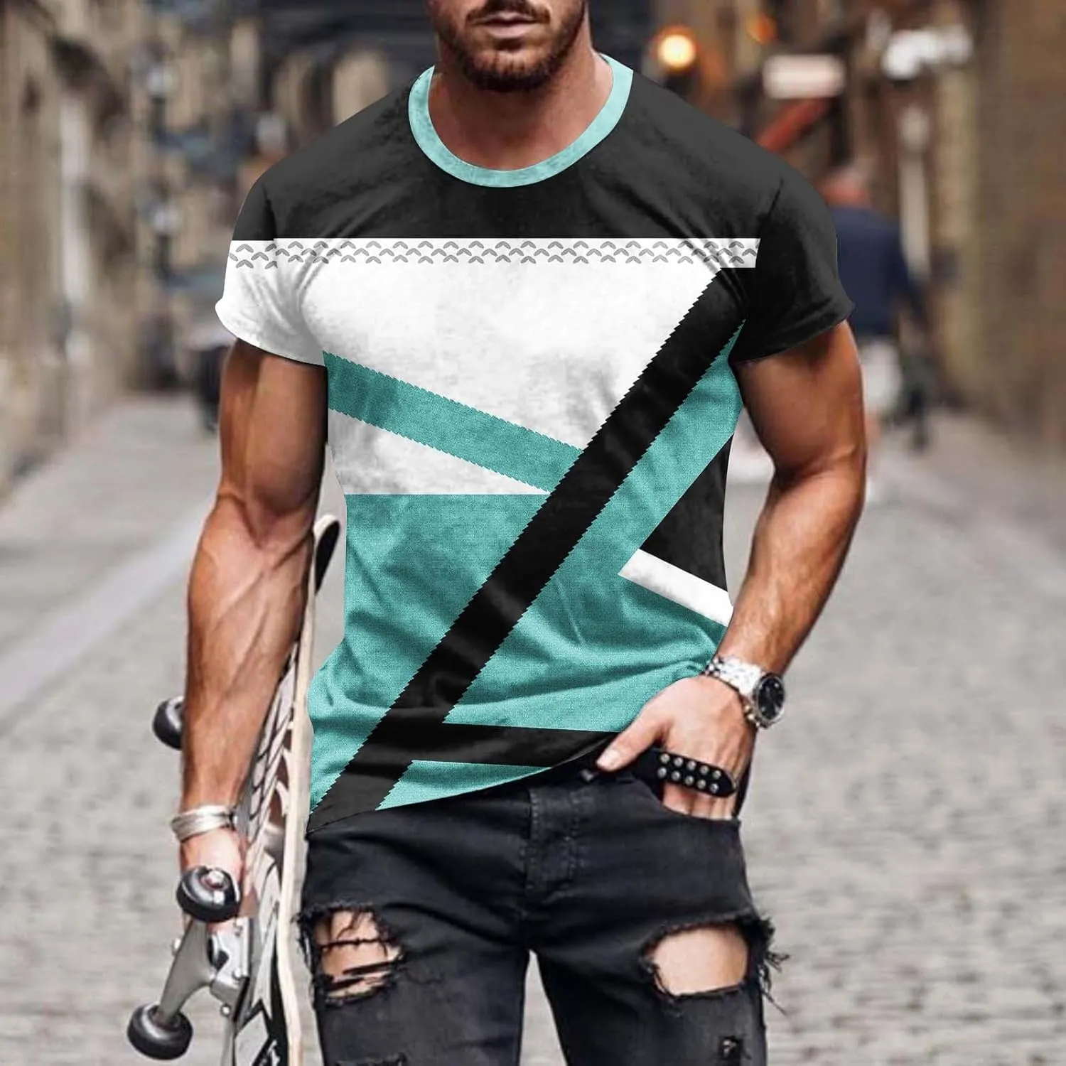 Mens T-Shirt Casual Geometric Patterns Short Sleeve T Shirts Trendy Pullover Crewneck Plus Size Blouse Loose Fit Tee Tops
