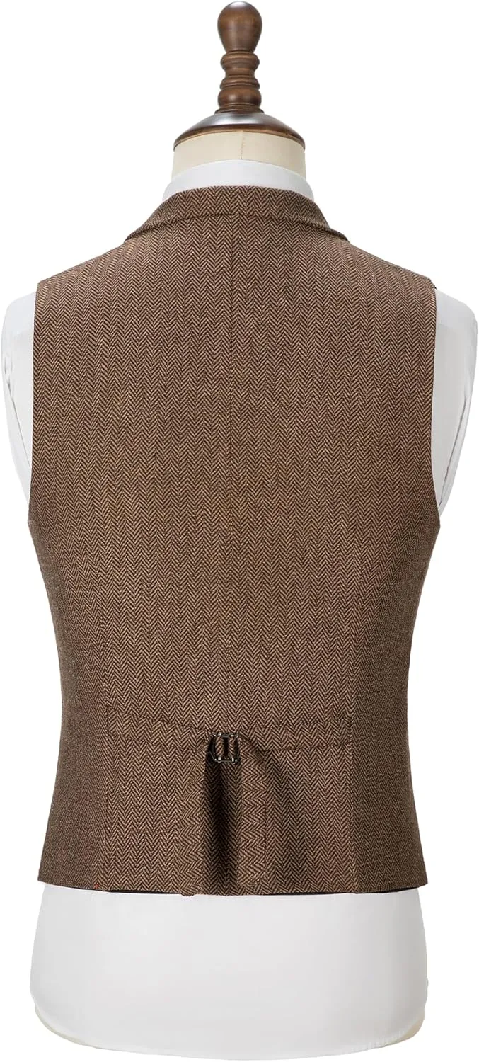 Men's Tweed Notch Lapel Suit Vintage Vest Herringbone Wool Prom Waistcoat Groomsmen XS-4XL