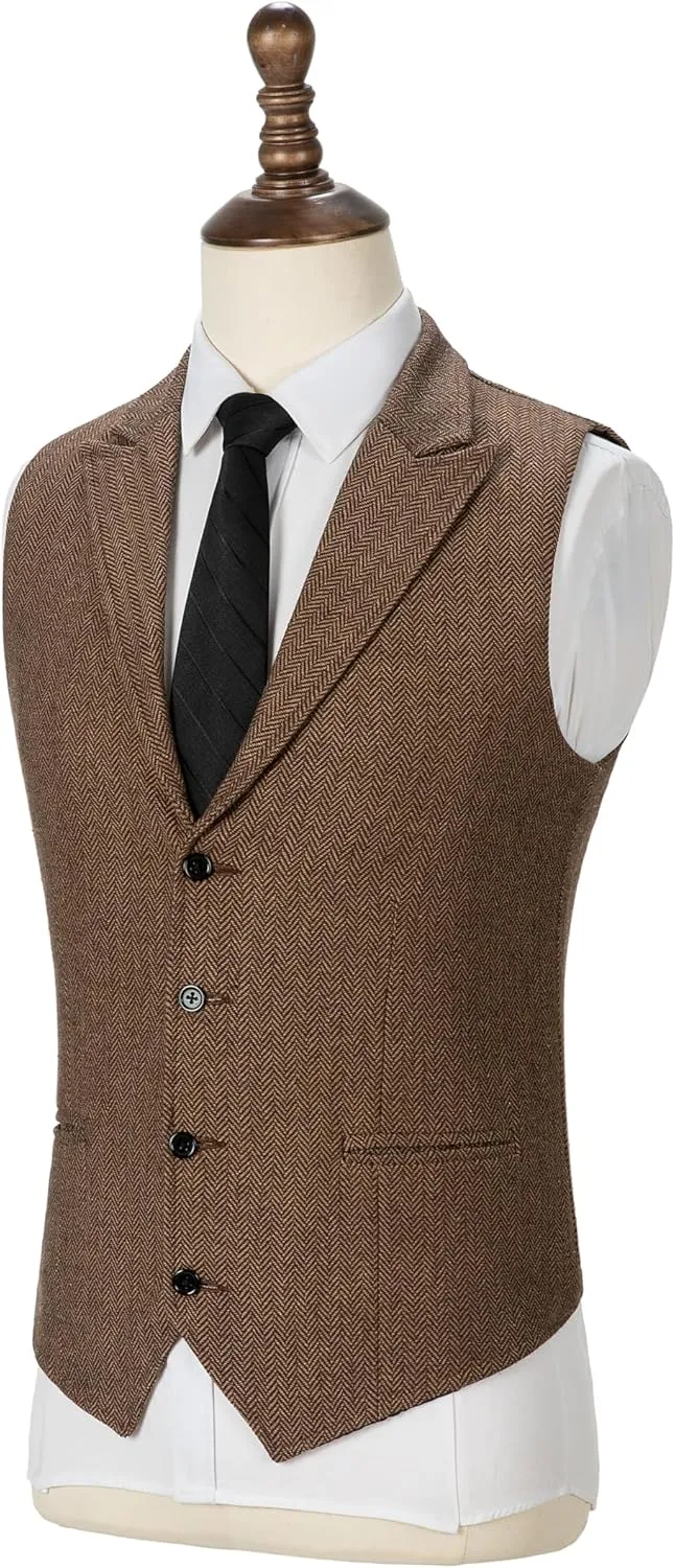 Men's Tweed Notch Lapel Suit Vintage Vest Herringbone Wool Prom Waistcoat Groomsmen XS-4XL