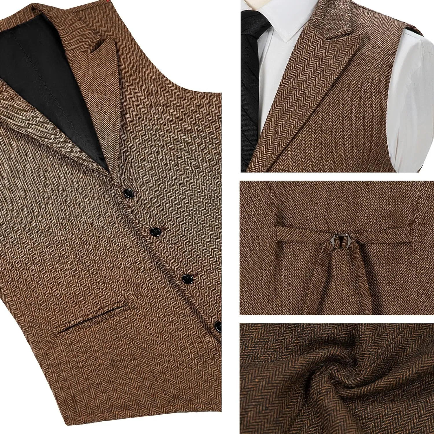 Men's Tweed Notch Lapel Suit Vintage Vest Herringbone Wool Prom Waistcoat Groomsmen XS-4XL