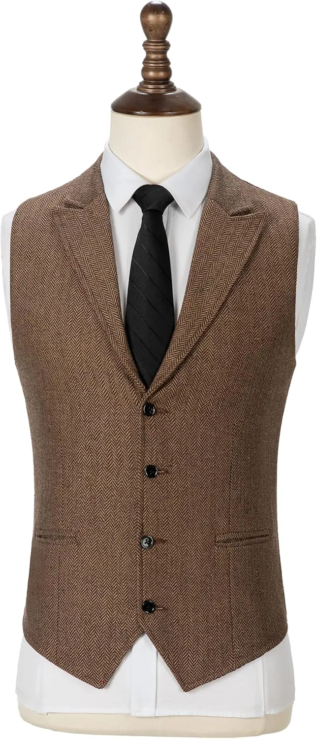 Men's Tweed Notch Lapel Suit Vintage Vest Herringbone Wool Prom Waistcoat Groomsmen XS-4XL