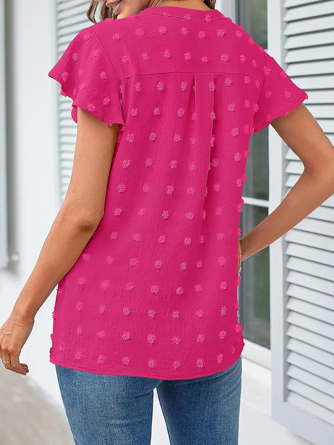 MEROKEETY Women 2025 Summer V Neck Ruffle Short Sleeve Blouse Swiss Dot Flowy Shirt Tunic Top