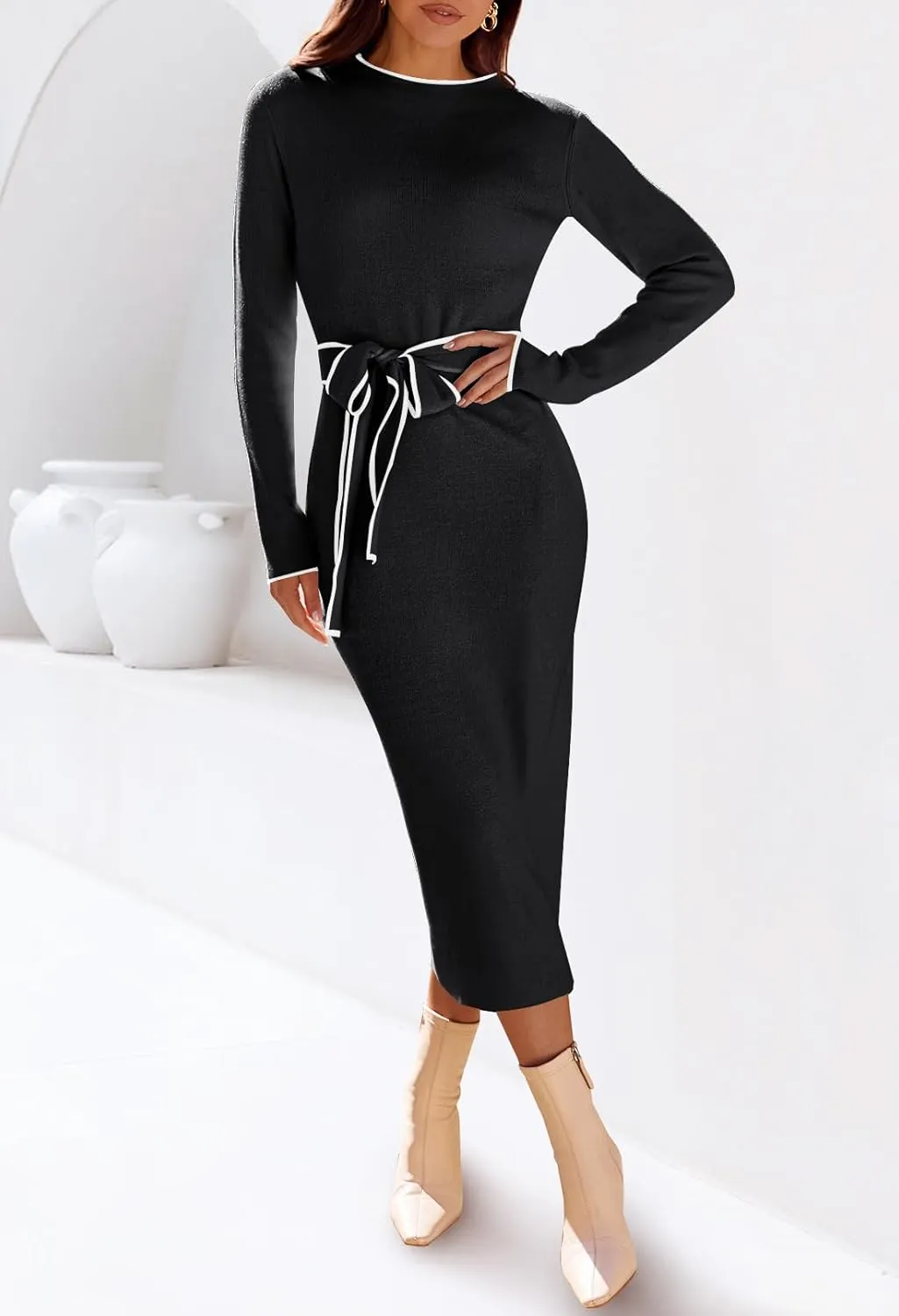MEROKEETY Women's 2024 Long Sleeve Midi Sweater Dress Fall Mock Neck Color Block Tie Waist Bodycon Knit Dress
